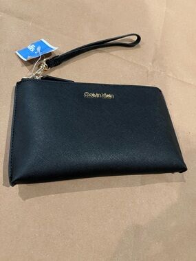 NWOT Calvin Klein Black Wristlet Clutch with Gold Logo